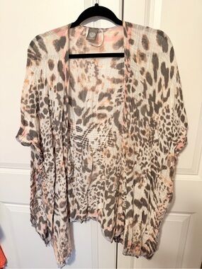 Lightweight Leopard-Print Open Front Cardigan - Pink & Gray